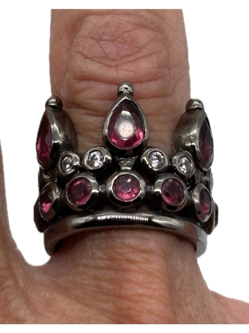 Hespera Jewelry 6 Pointed Crown Ring Gunmetal With Faux Teardrops Pave Amethysts